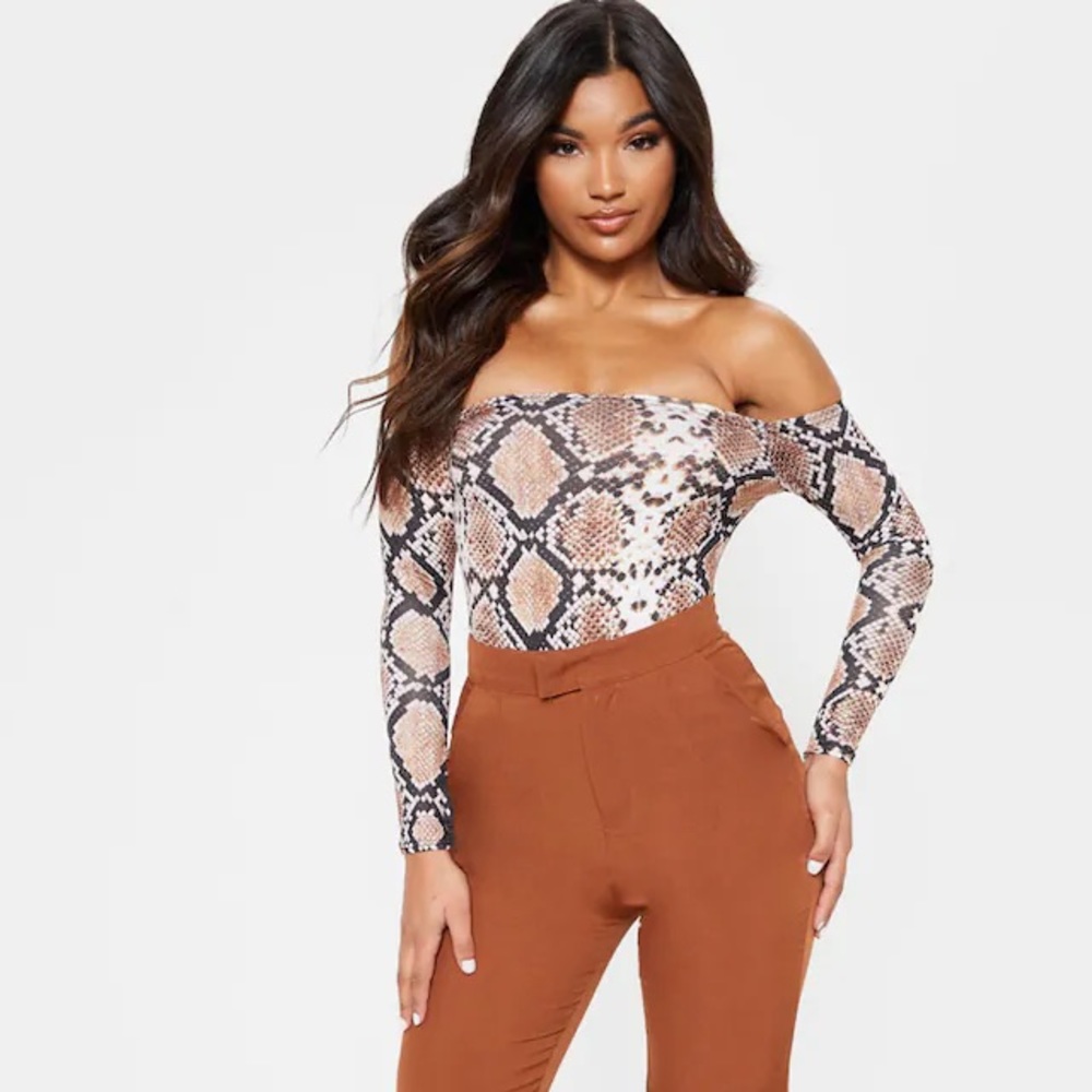 PrettyLittleThing Adhria White Snake Print Bardot Thong Bodysuit